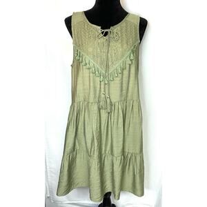 Misses Large Olive Green Boho Ruffled Sleeveless Dress w/Crochet/Tassels-NWT